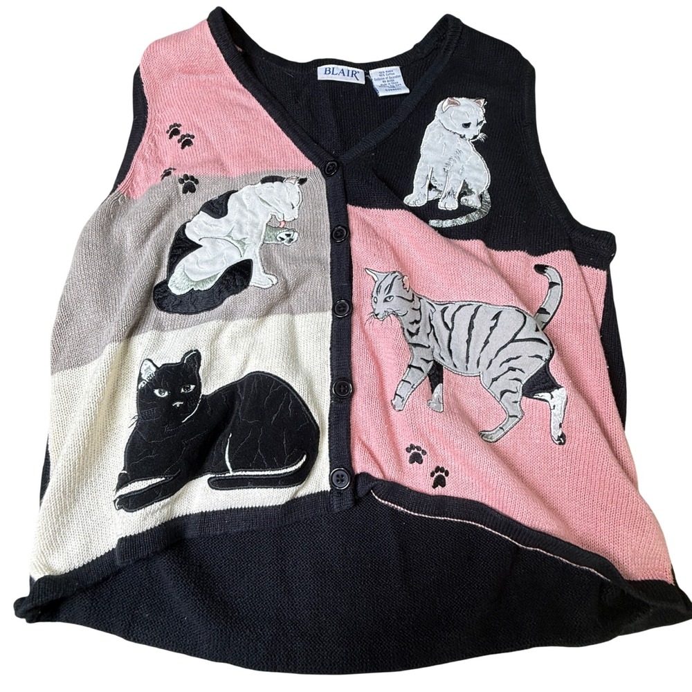 Vintage Blair Cat Sweater Vest Womens Large Colorblock Embroidered Knit Pink